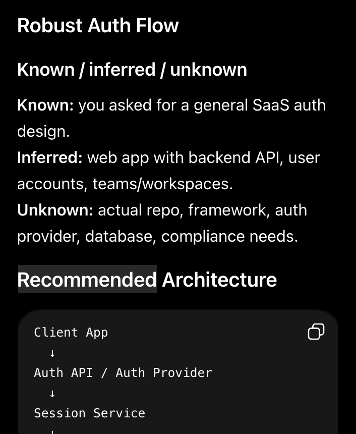 Oi response recommending a robust authentication architecture for a SaaS app.
