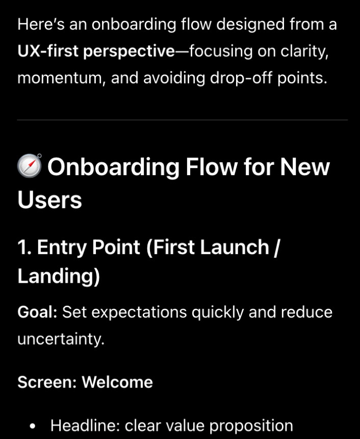 Oi response using the Designer Context to outline a UX-first onboarding flow.