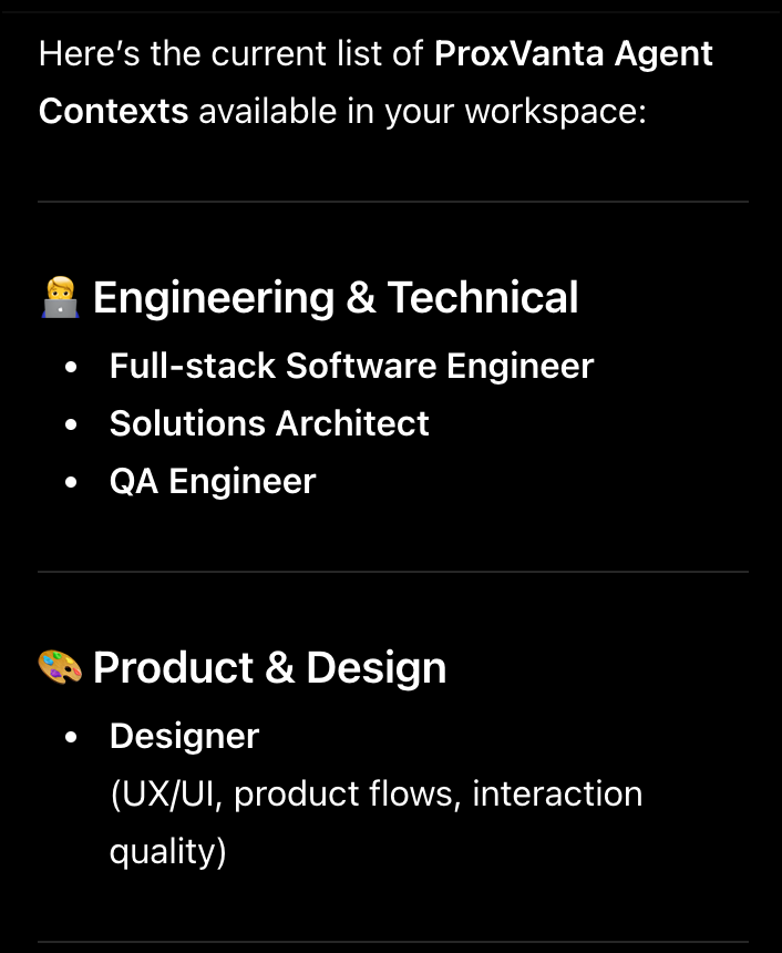 Oi response listing available Agent Context categories in a workspace.
